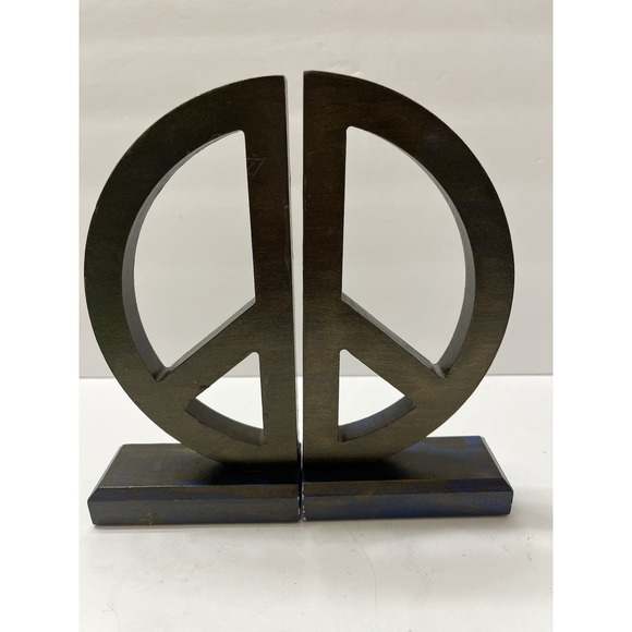 The Unbranded Brand Other - Peace Sign Bookends Wood Painted Black Over Blue 8x4" Lightweight Decorative